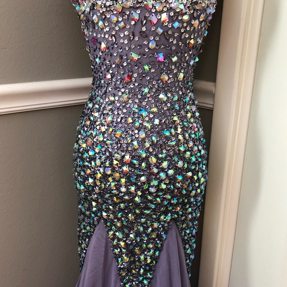 NEW JASZ COUTURE SZ 2 PERIWINKLE JEWELED NETTED ILLUSION FORMAL EVENING GOWN - Picture 7 of 14